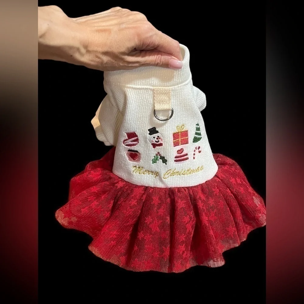 Christmas Puppy Dog Dress Lace Tulle Bottom Leash attachment Beige Red Small